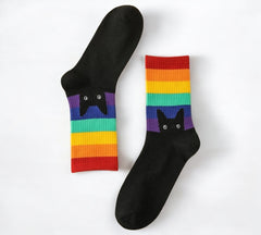 Black Peeking Cat Rainbow Pride Socks - playful black cat design with vibrant rainbow colors, displayed on a white background.