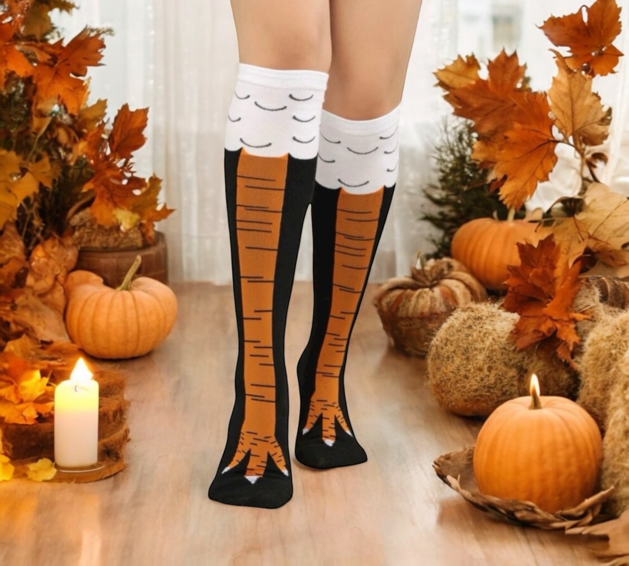 Chicken Leg Thanksgiving Socks - Funny knee-high socks with orange chicken leg design.