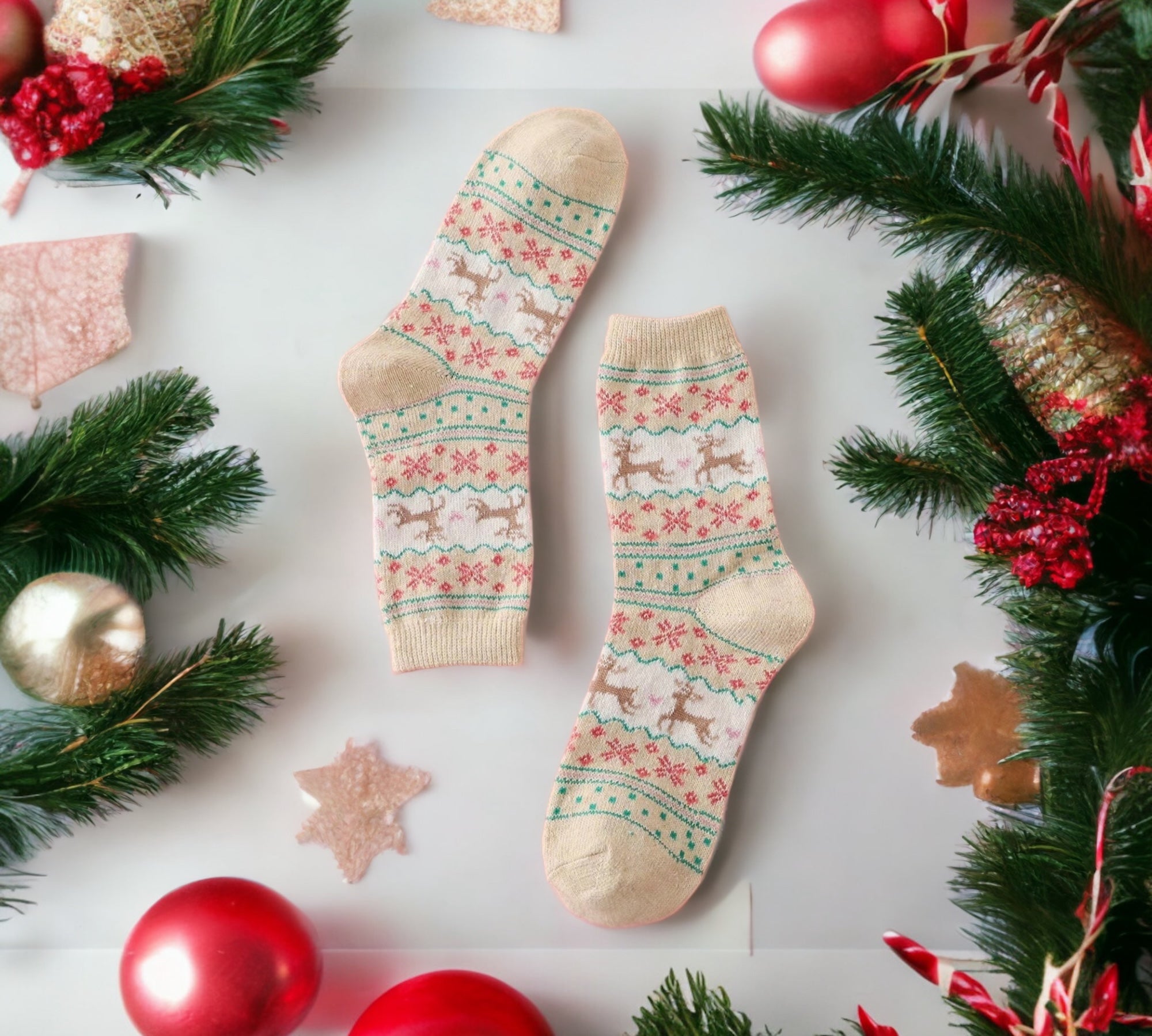 Beige Christmas socks with colorful reindeer and snowflake designs, laid out with holiday decorations like pine branches and ornaments for a cozy winter aesthetic.