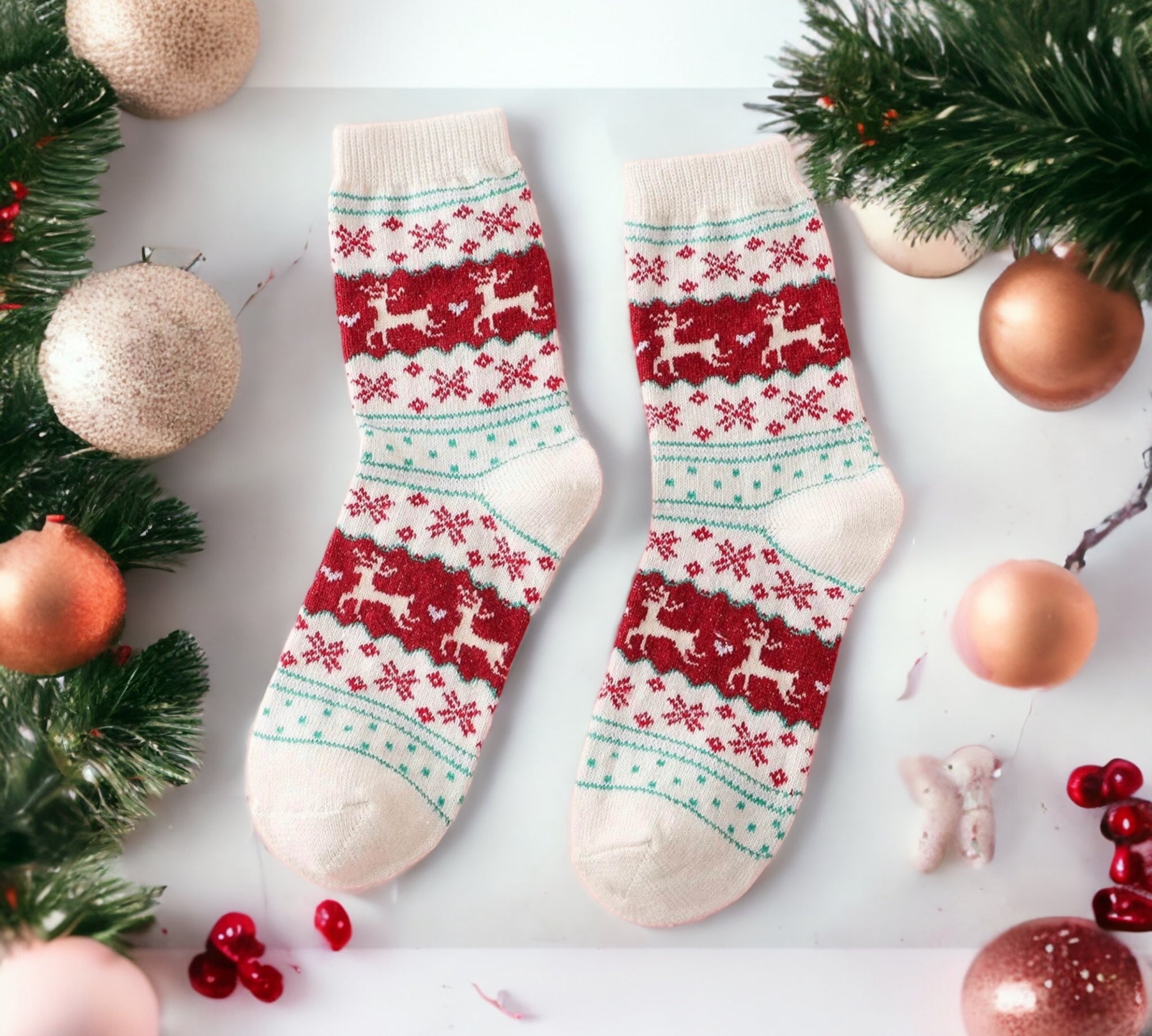 Cozy white socks featuring red and green holiday motifs, styled with warm string lights to create a festive and inviting holiday atmosphere.