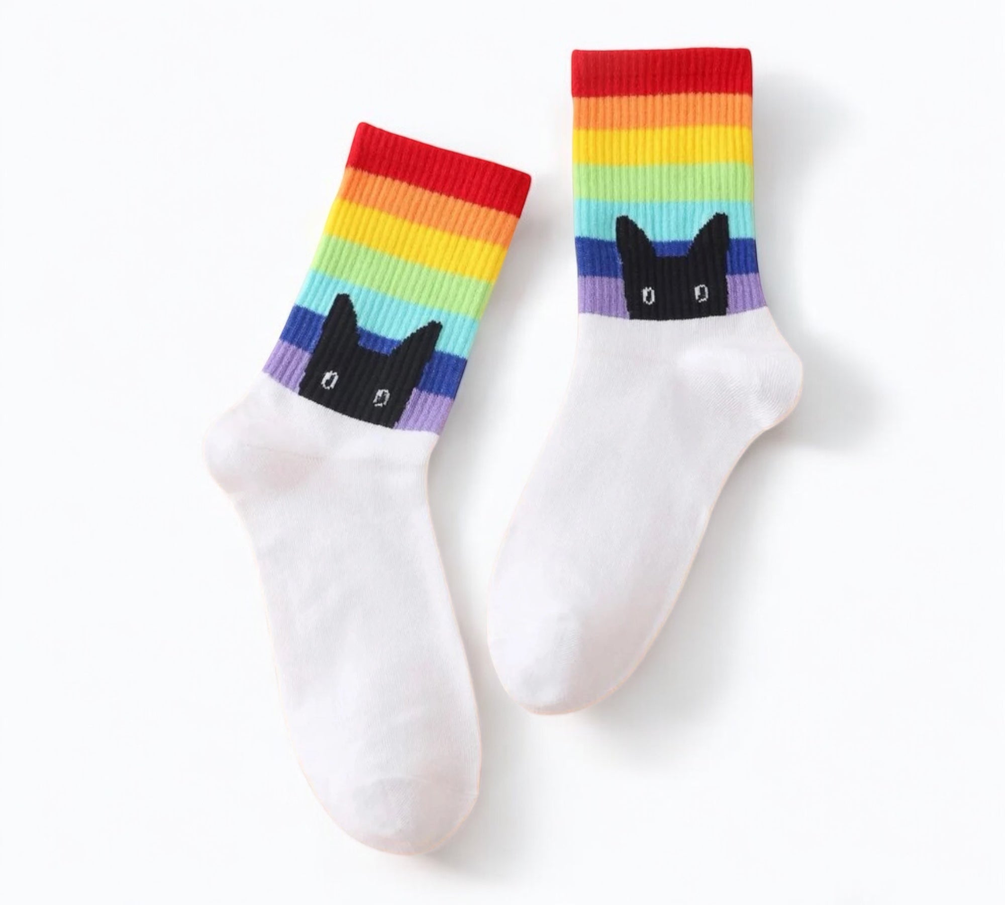 White Peeking Cat Rainbow Pride Socks - colorful rainbow stripes and playful black cat design, displayed on a clean white background.